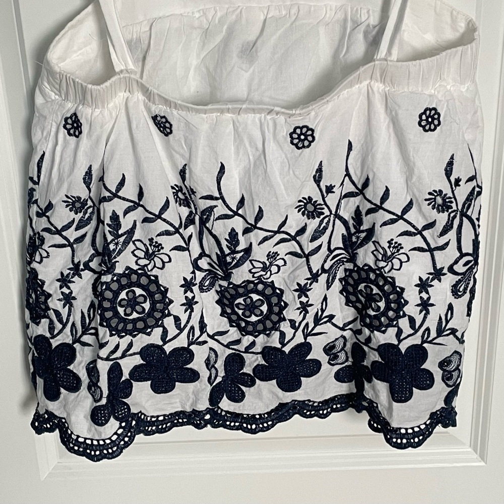 Draper James White Tank Top with Navy Blue Embroidered Floral Border - Picture 12 of 16